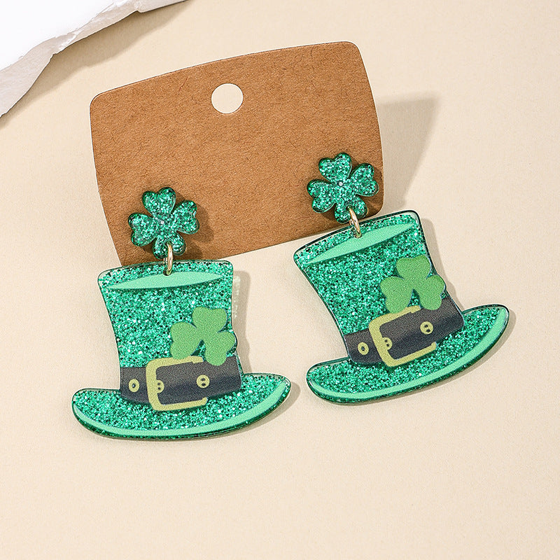 St. Patrick's Festival Customized Fashion Earrings International Chic Oversized Green Hat Shamrock Women's Earrings