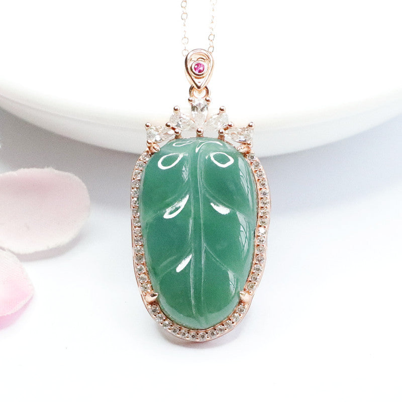 S925 Sterling Silver Necklace with Natural Jade Leaf Pendant and Zircon Accents