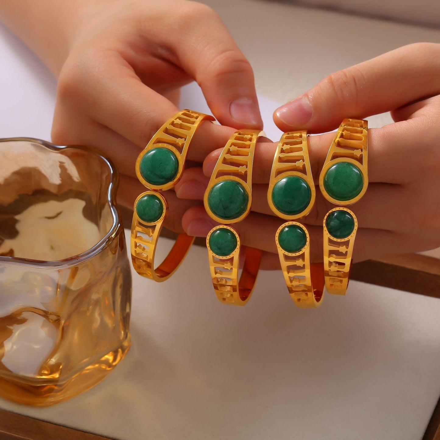 Tianhe Green Stone Roman-inspired Multi-layer Bracelet with Hollow Design