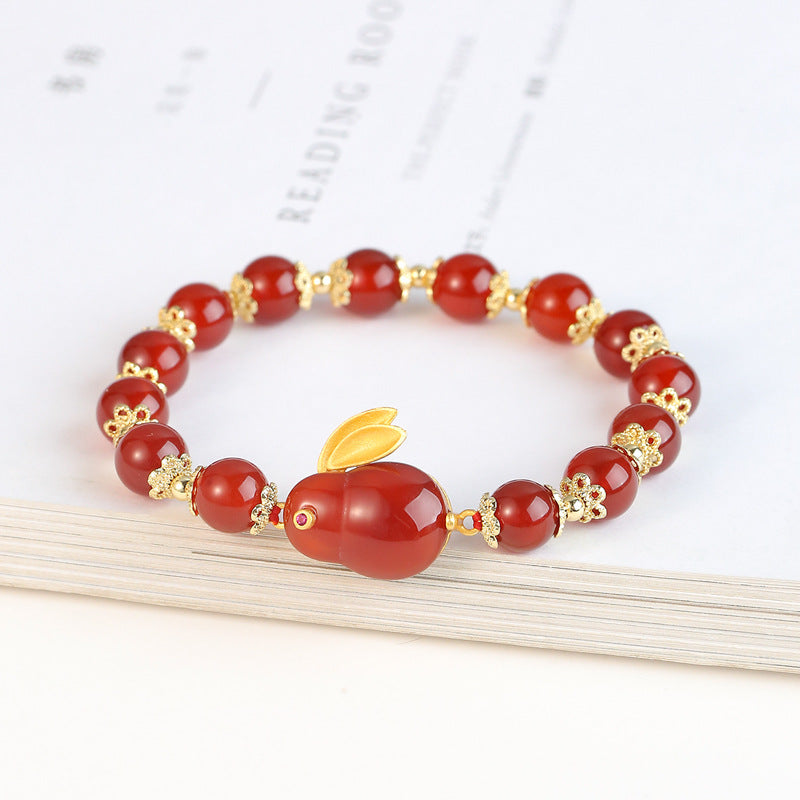 Natural Red Agate and Hetian Jade Sterling Silver Bracelet with Jade Rabbit