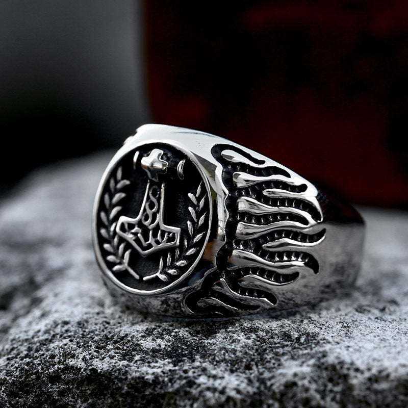 Titanium Steel Retro Viking Thor's Hammer Flame Ring for Men - Wholesale Jewelry Inspired by European and American Cinema