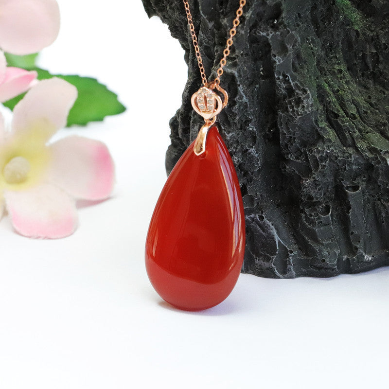 Rose Gold Necklace with Red Agate and Jade Chalcedony Water Droplet Pendant