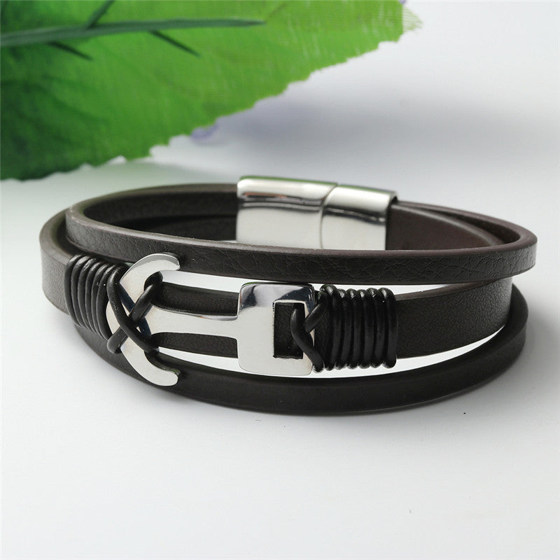 Titanium Steel Woven Anchor Leather Bracelet for Men - Personalized Punk Style