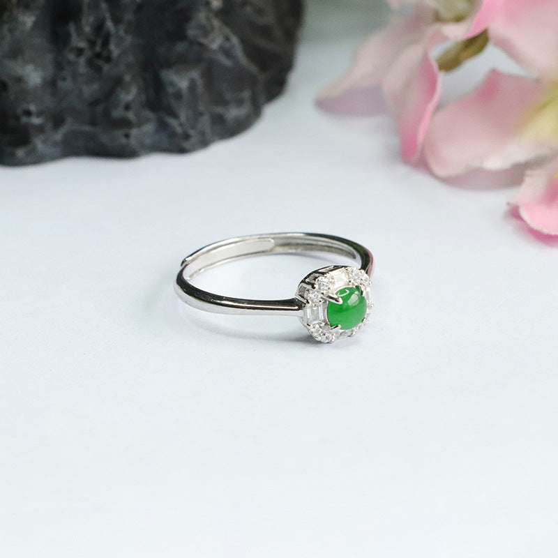 Sterling Silver Adjustable Ice Emperor Green Jade Zircon Ring