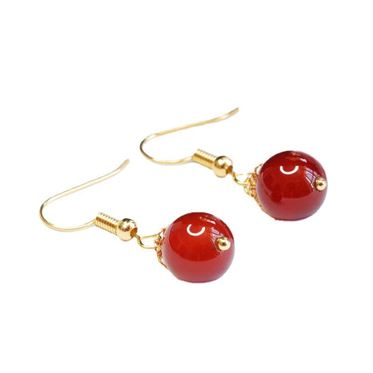 Ear Hooks with Red Agate Beads, Sterling Silver Earrings