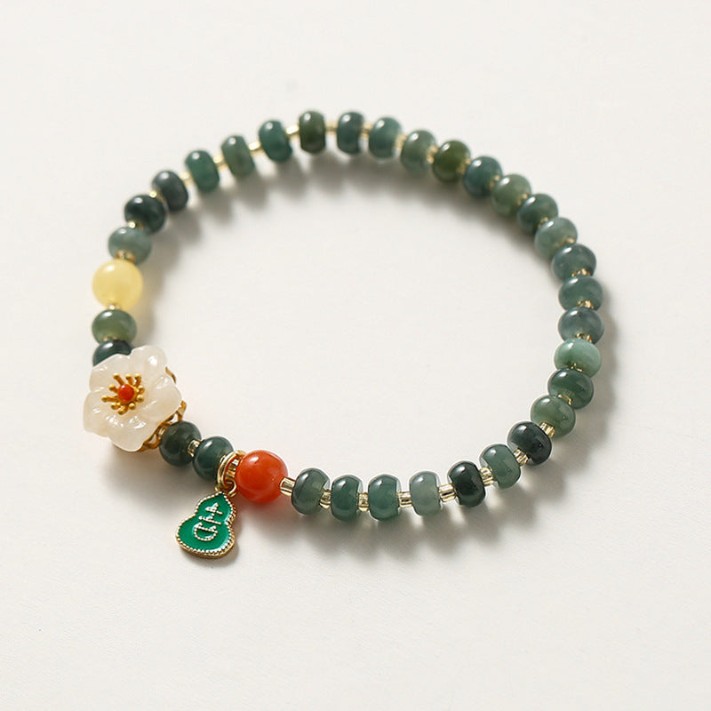 Fortune's Favor S925 Silver and Natural Jade Beaded Bracelet with Small Peach Blossom Design