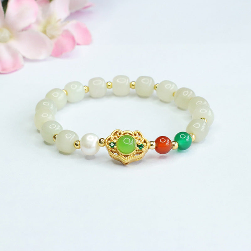 Fortune's Favor Sterling Silver Bracelet with Jade, Pearl, and Chalcedony Gems