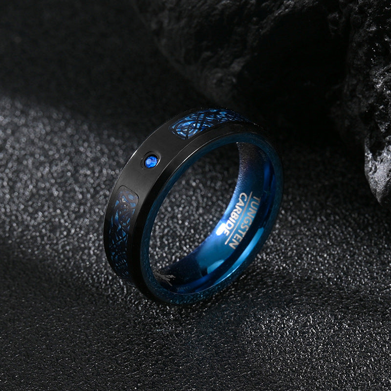 Dragon Pattern Carbon Fiber Men's Ring with Zircon Inlay