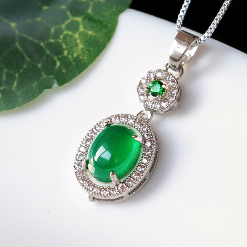 Green Chalcedony Zircon Oval Pendant - Sterling Silver Jewelry