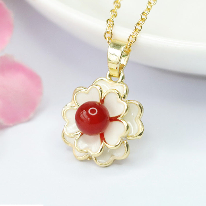 Blood Red Agate Camellia Pendant Necklace