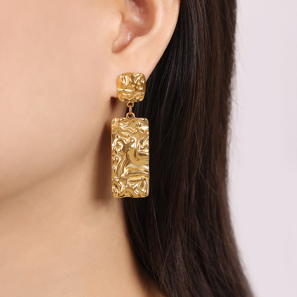 European Retro Design Gold-Plated Square Pleated Earrings for Women