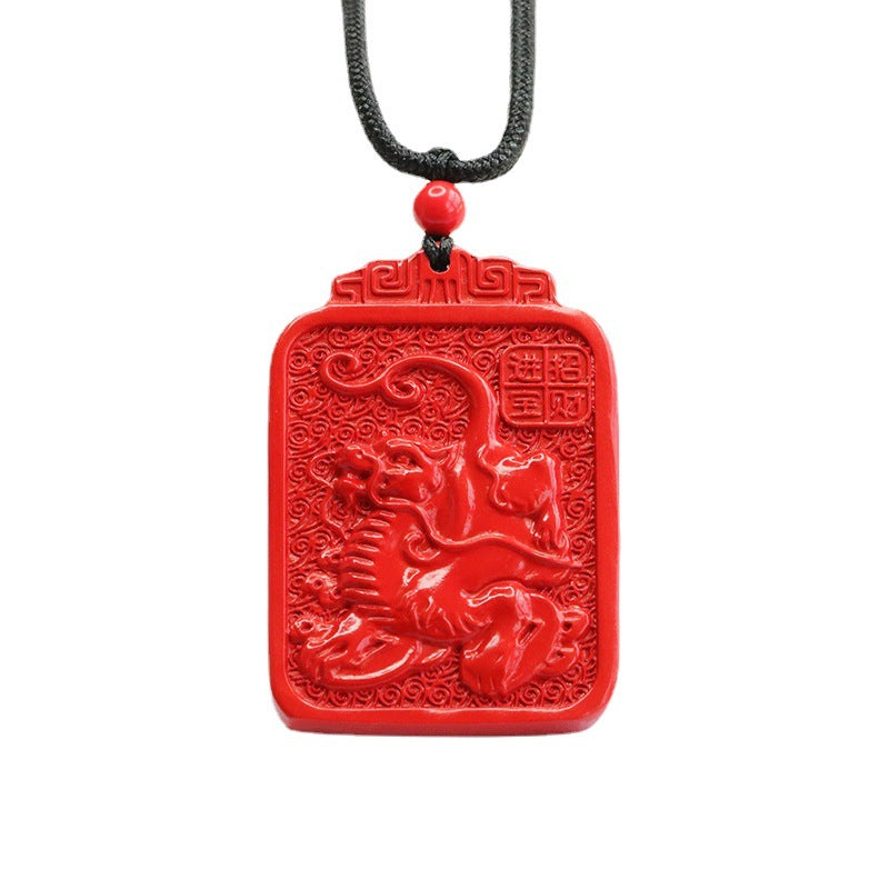 Red Sand Vermilion Rectangle Pendant with Kirin Blessing Label