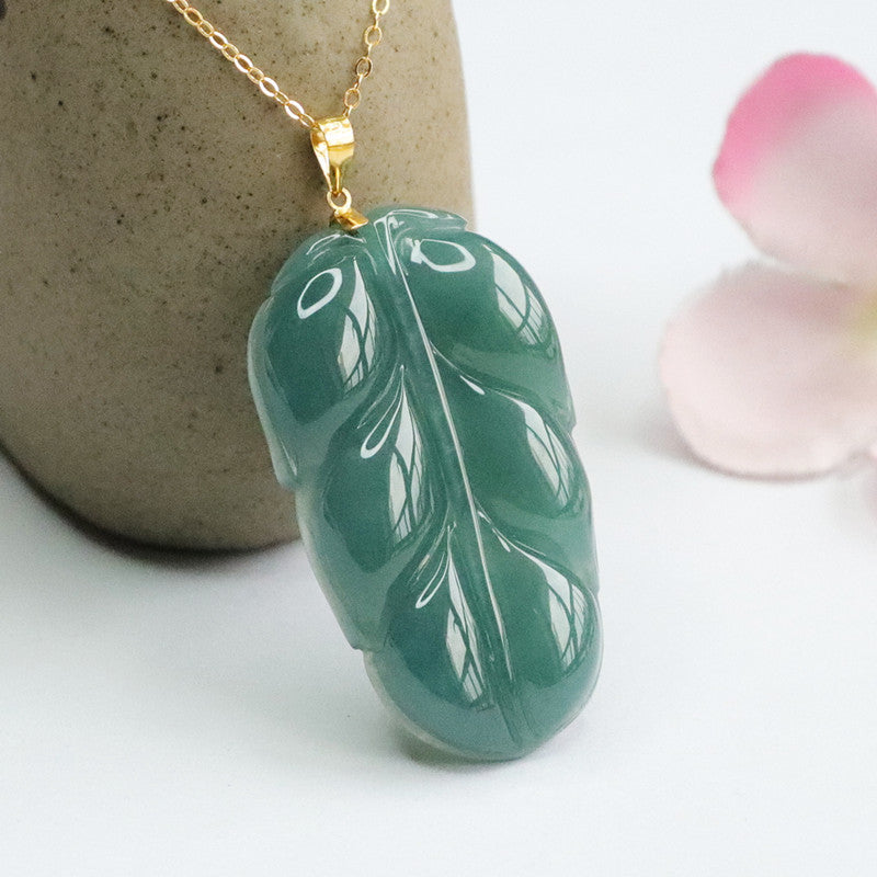 Jade Leaf Pendant Necklace with Sterling Silver Chain