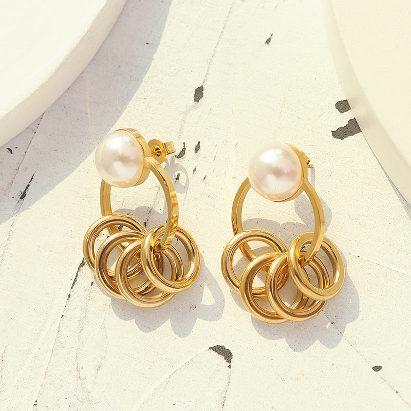 Exquisite Double Ring Pearl Earrings in Titanium Steel and 18K Gold Plating