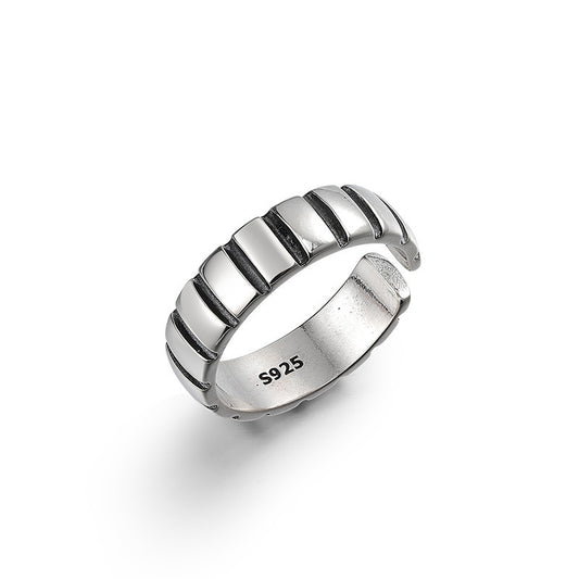 Geometric Carving Vertical Lines Design Opening Sterling Silver Ring