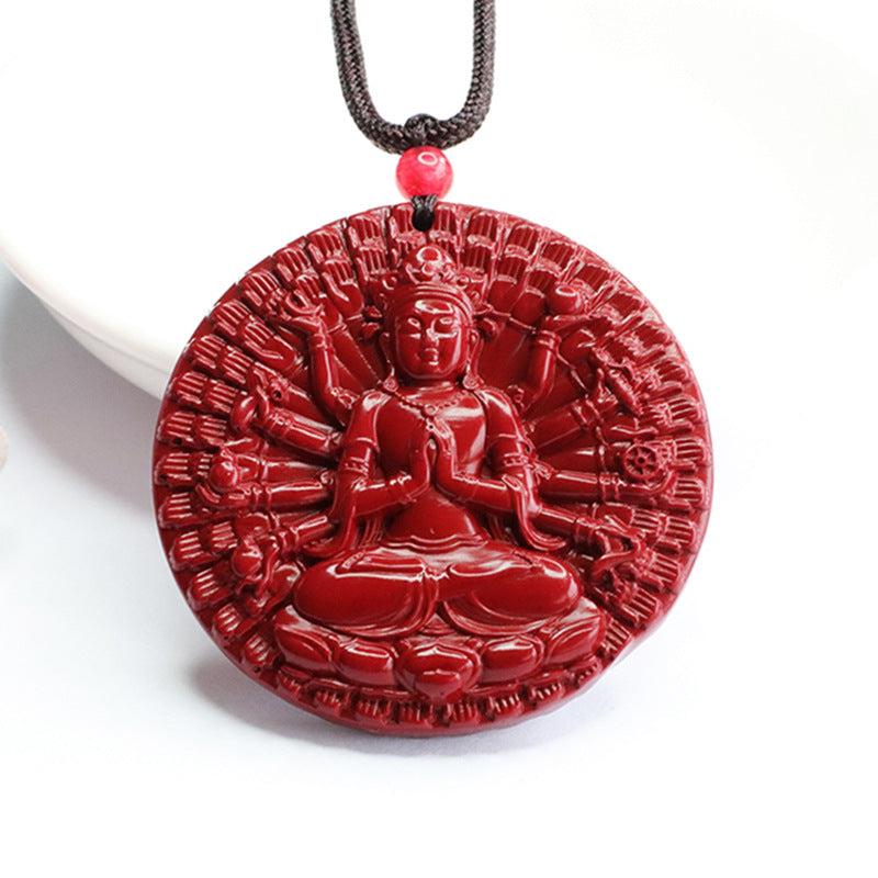 Vibrant Sand Necklace in Purple and Gold with Thousand-Hand Guanyin Design