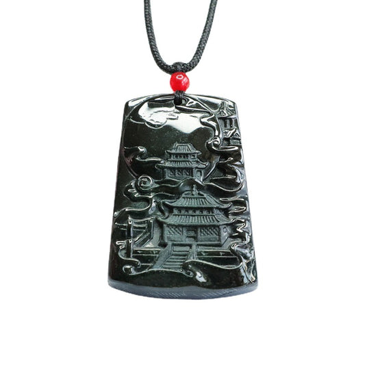 Black-Green Carved Jade Rectangle Pendant