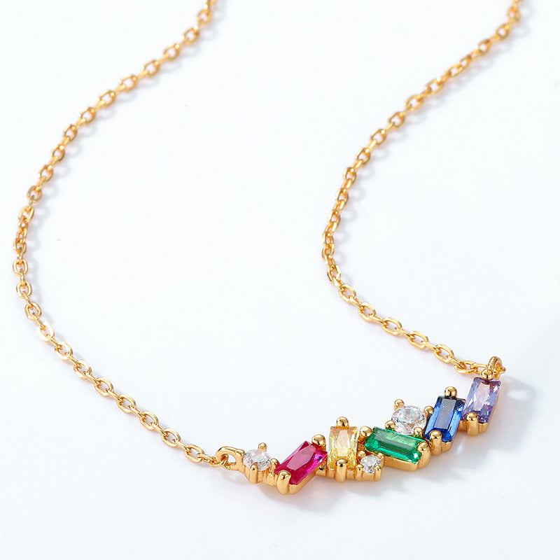 Rainbow Rectangle Zircon Silver Necklace