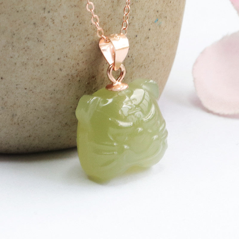 Sterling Silver Hetian Jade Tiger Head Necklace - Fortune's Favor Collection