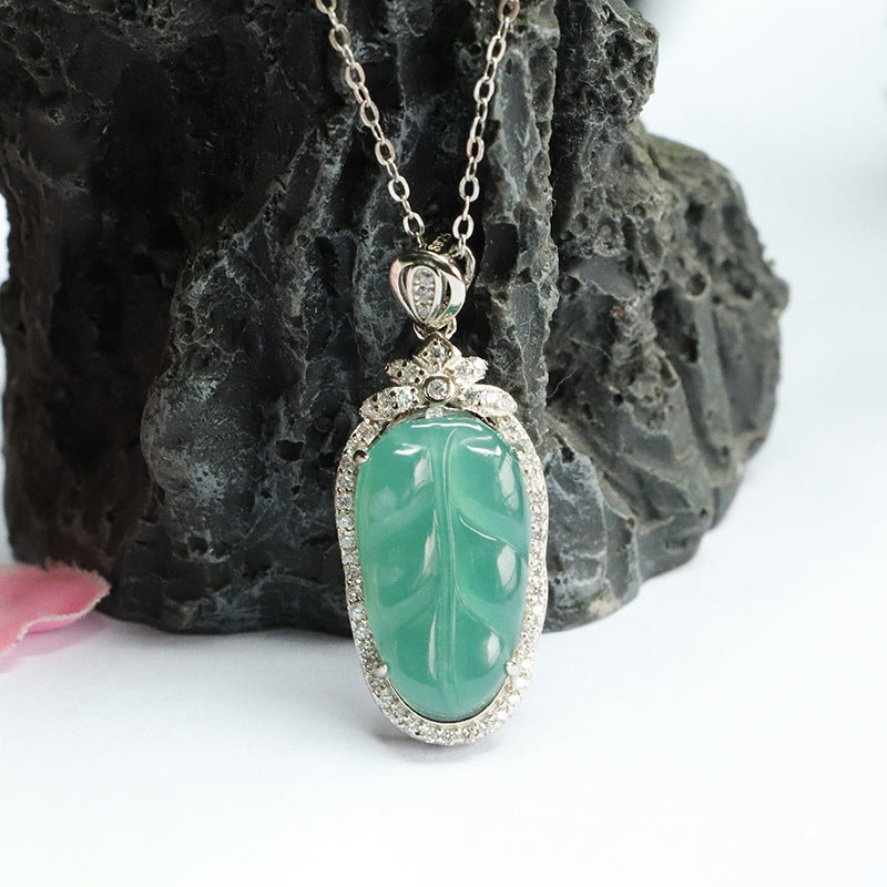 Icy Blue Green Leaf Jade Pendant with Zircon Necklace in Sterling Silver