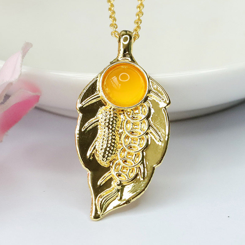 Round Agate Golden Leaf Pendant Jewelry