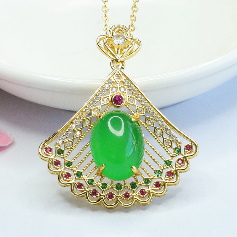 Peacock Patterned Zircon Pendant with Green Chalcedony Hollow Design