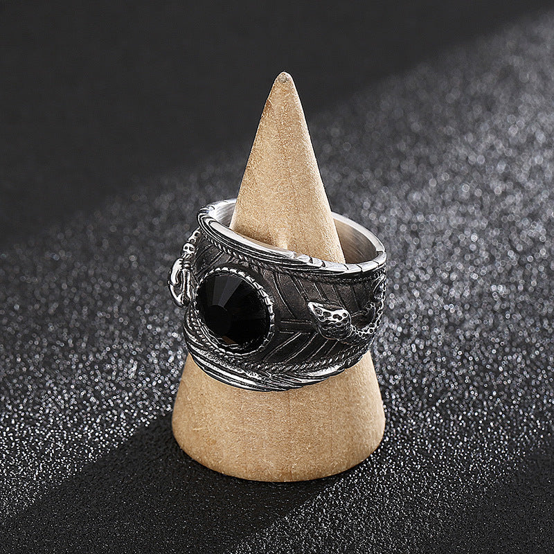 Titanium Steel Double Snake Ring with Crystal Inlay - Punk Style for Men