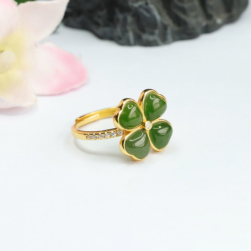 Four Leaf Clover S925 Silver Jade Ring with Zircon Accents