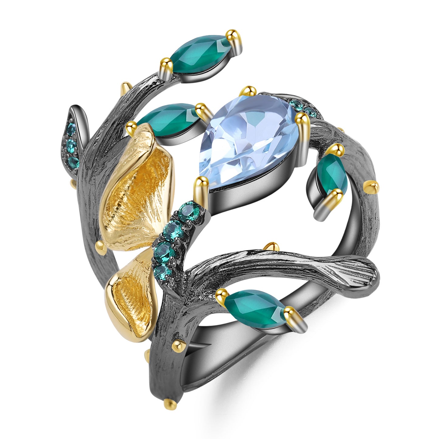 Rotated Garland Butterfly Natural Gemstones Silver Ring