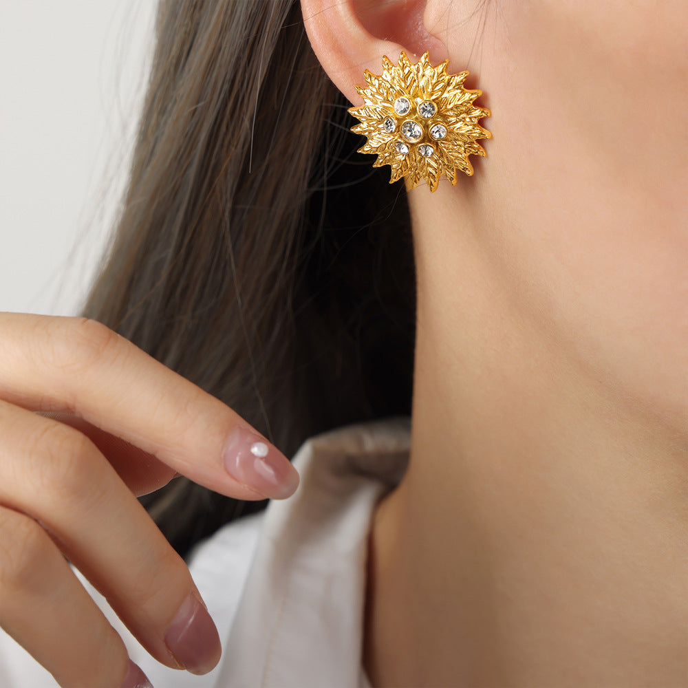 Luxurious Gold-Plated Zircon Flower Earrings in Titanium Steel