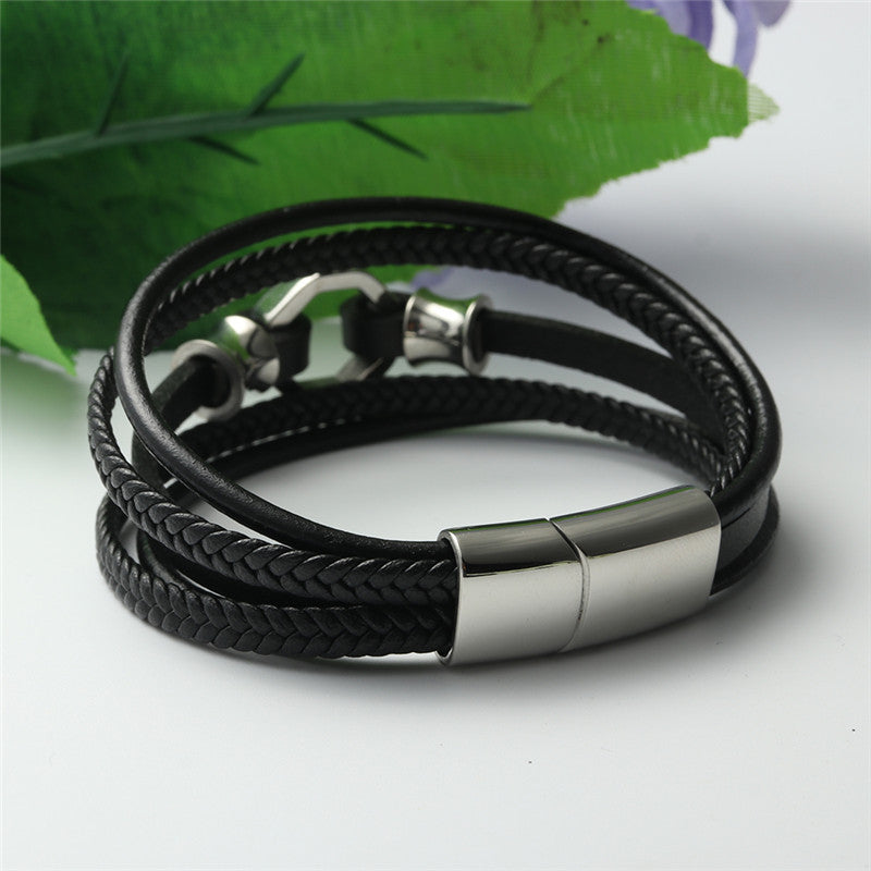 Personalized Men's Woven Skull Leather Bracelet with Titanium Steel Hollow Circle Design