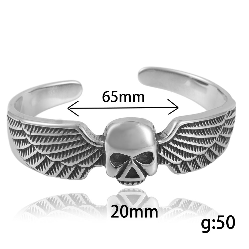 Titanium Steel Skull and Wing Open Bracelet for Trendy Men