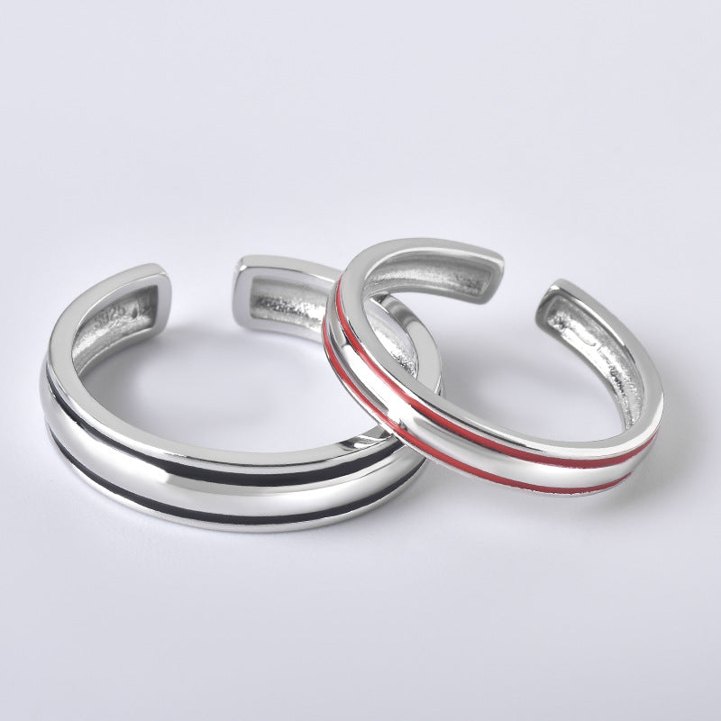 Red and Black Lines Opeing Sterling Silver Couple Rings