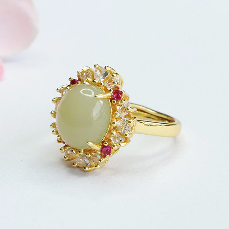 Heart-Shaped Zircon and Oval Hotan Jade Sterling Silver Ring