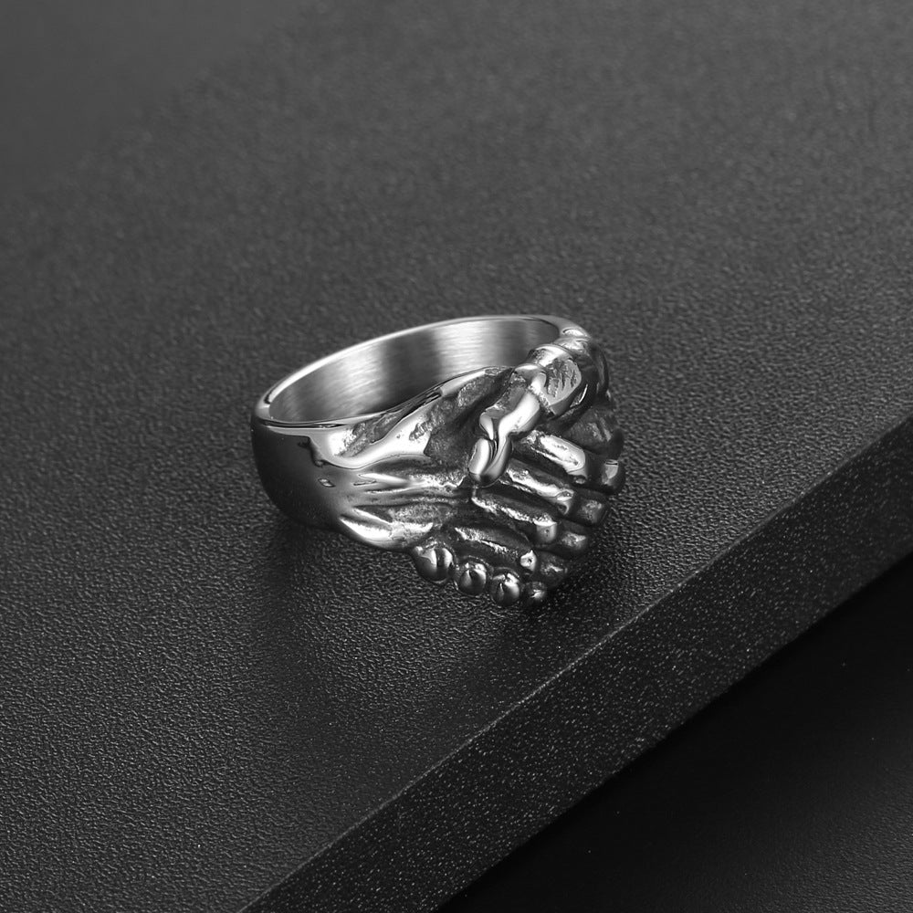 Retro Hip-Hop Titanium Steel Ring for Men - Personalized Handshake Design