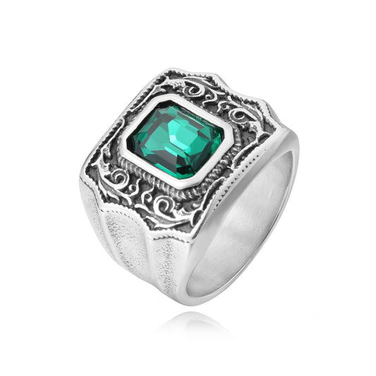 Palace Style Rectangle Zircon Titanium Steel Ring for Men