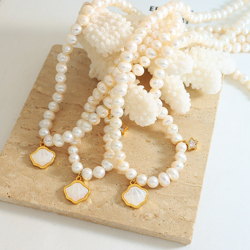 Starlit Freshwater Pearl and Zircon Necklace with Retro Charm