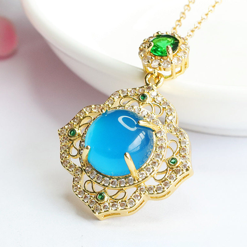 Round Blue Chalcedony Hollow Petal Pendant Female Retro