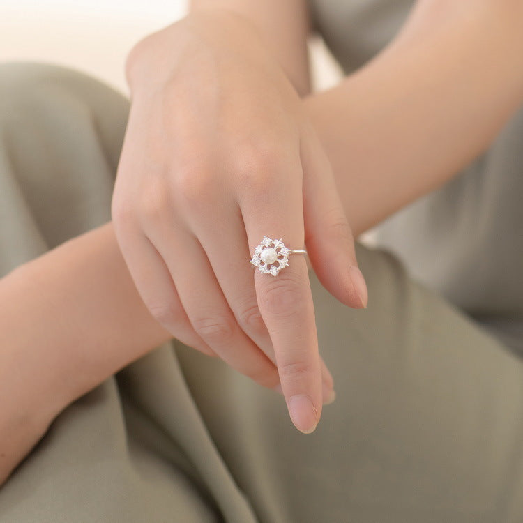 Christmas Pearl Zircon Snowflake Opening Sterling Silver Ring