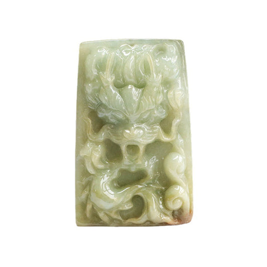 Dragon Carved Yellow Burmese Jade Pendant Sterling Silver Fortune's Favor