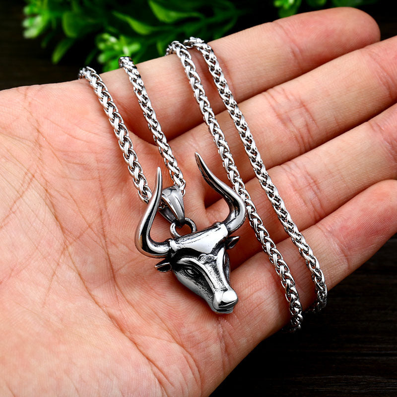 Vintage Titanium Steel Bull Head Pendant for Men - Unique Horn Design Accessories in Bulk