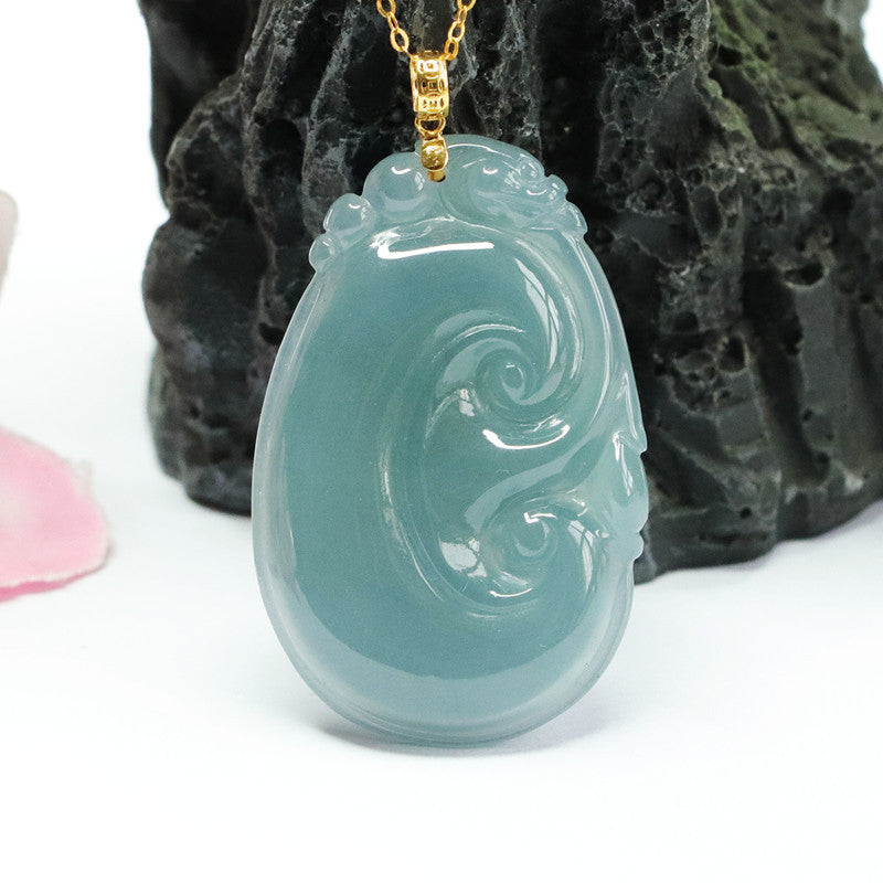 Blue Green Ruyi Jade Necklace with Sterling Silver Pendant