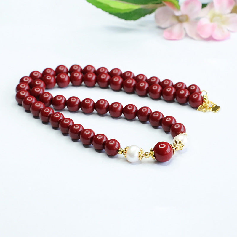 Elegant Purple Gold Sand Necklace with Cinnabar Stone and Lustrous Pearl