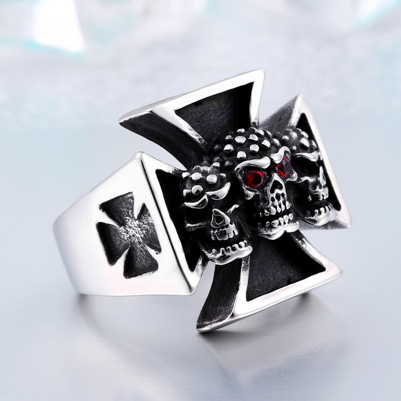 Edgy Vintage Titanium Steel Skull Ring for Men with Sparkling Zircon Accents