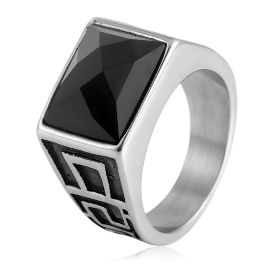 Titanium Steel Great Wall Totem Ring - Retro Trendy Punk Style for Men with Black Stone Accent