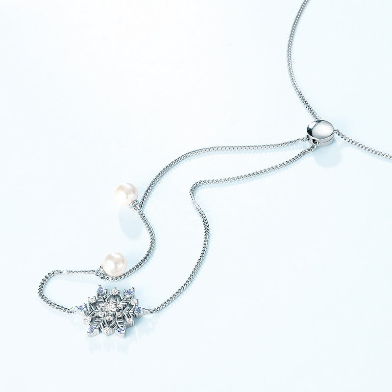 Zircon Snowflake Pearl Long Style Sterling Silver Necklace