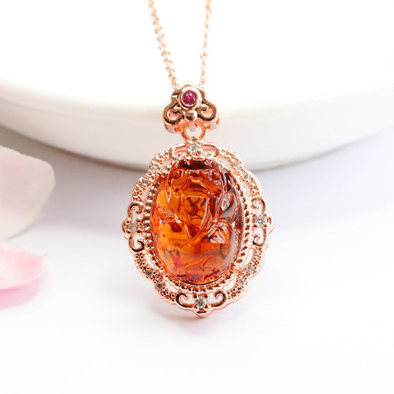 Blood Amber Pixiu Pendant Necklace Jewelry in Rose Gold