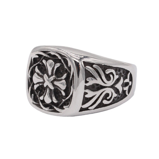 Relief Cross Flower Square Titanium Steel Ring for Men