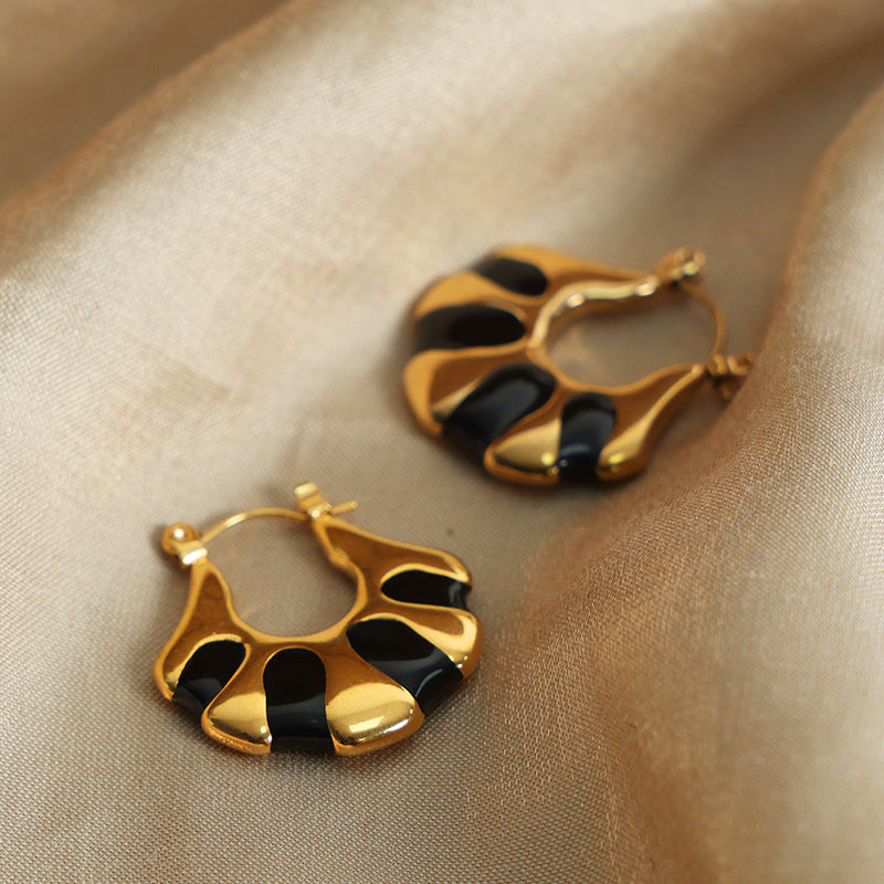 Golden Fan-shaped Enamel Earrings - Exquisite High-End Design for Stylish Women