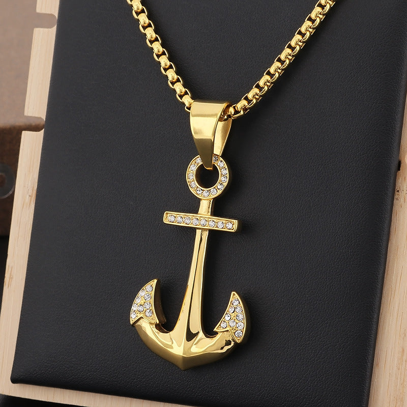 Stylish 18k Gold-Plated Men's Anchor Pendant Necklace - Navy Zircon Stainless Steel Jewelry